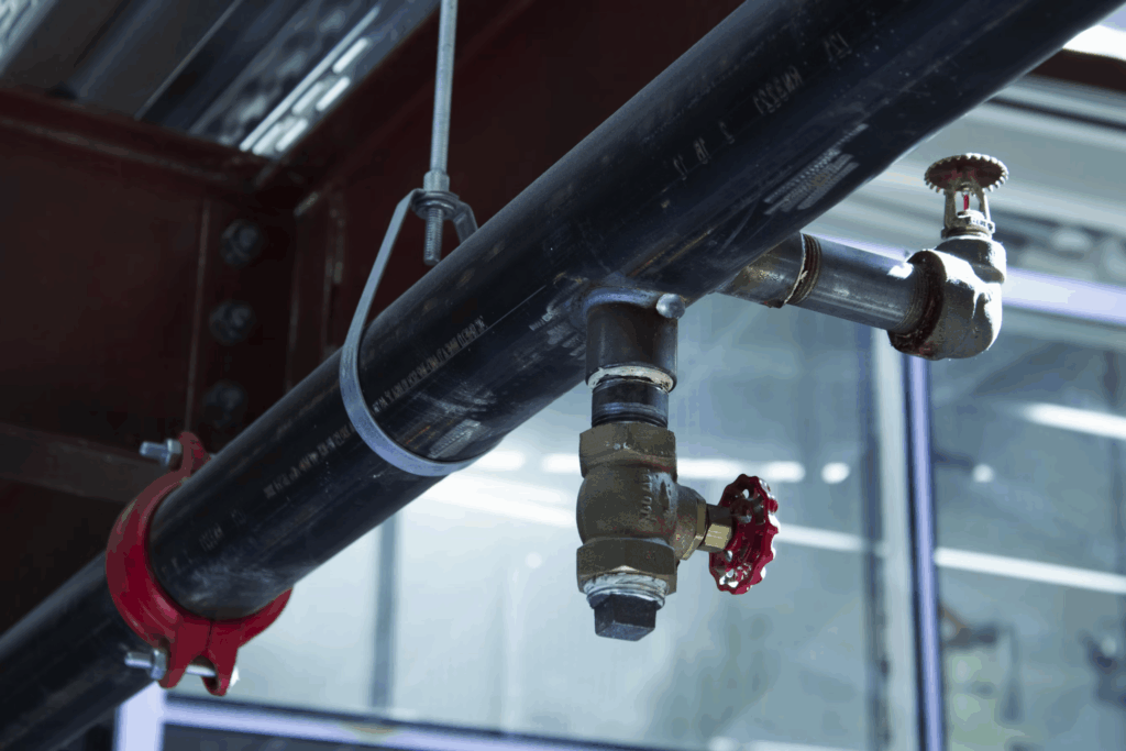 Schwarze Rohrleitung mit rotem Ventilgriff und Metallarmatur in einem Industriegebäude