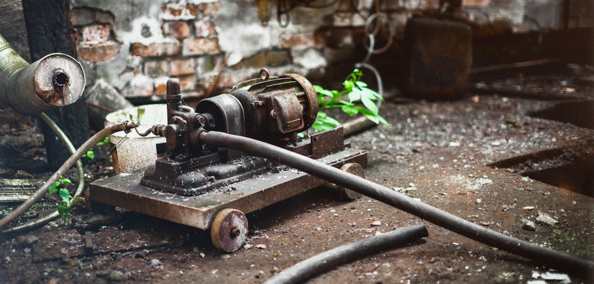 Alte, rostige Wasserpumpe mit Motor auf Holzplatte in verfallenem Raum mit Backsteinwand und Pflanzen, Pumpenausfall.