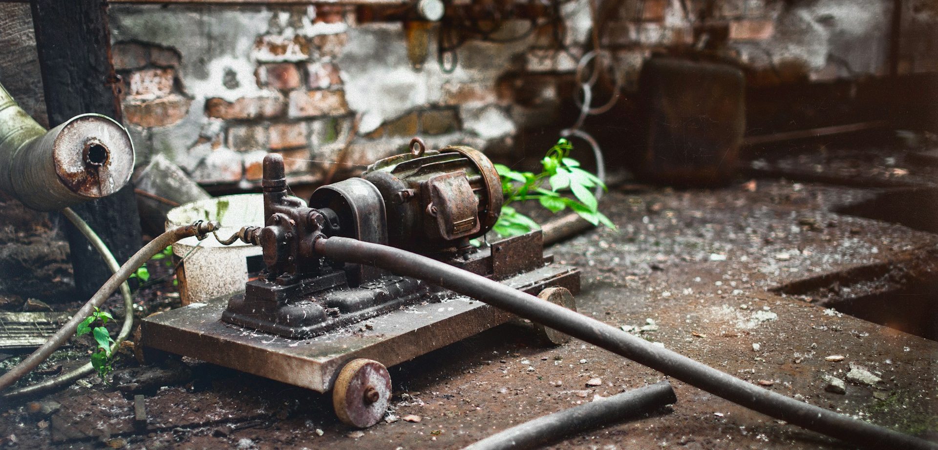 Alte, verrostete Pumpenausfall mit angeschlossenen Schläuchen auf einem staubigen Boden vor einer bröckelnden Backsteinwand.