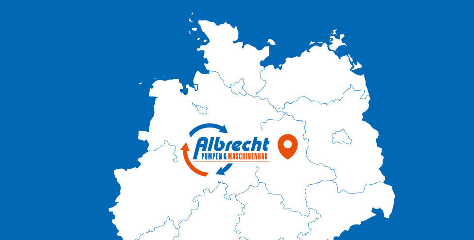 Anschnitt einer Deutschlandkarte, die den nördlichen Teil zeigt mit einem Ortsmarker in Magdeburg und dem Albrecht Maschinenbau Servicepoint Magdeburg Logo.